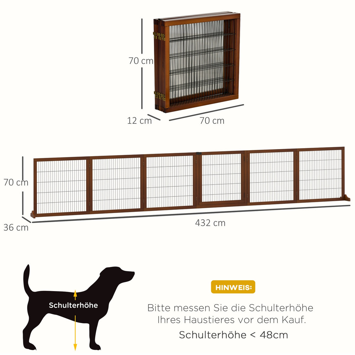 Dog Barrier Gate, 6 Pieces, 432 x 70 cm, Foldable Door Gate with 2 Support Feet, Freestanding Dog Gate, Stair Gate for Medium Dogs, for Hallway, Stairs, Coffee