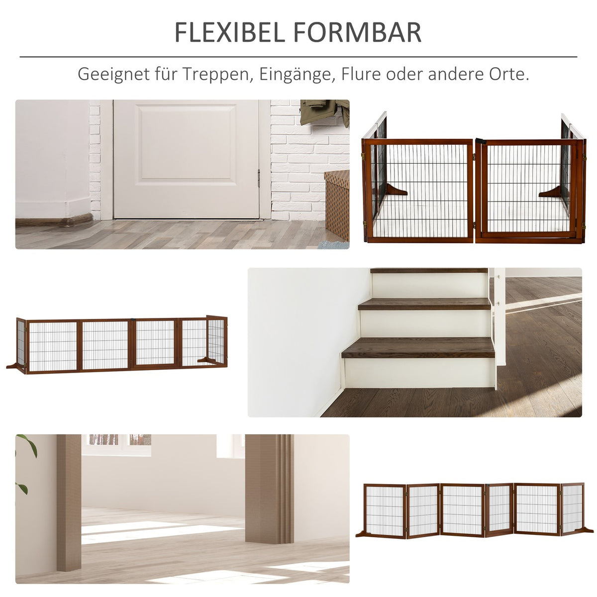 Dog Barrier Gate, 6 Pieces, 432 x 70 cm, Foldable Door Gate with 2 Support Feet, Freestanding Dog Gate, Stair Gate for Medium Dogs, for Hallway, Stairs, Coffee