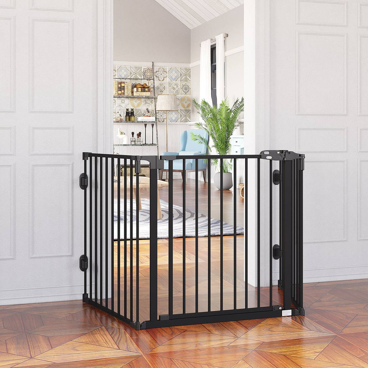Dog Barrier With Automatic Door Adjustable, Foldable, 3 Panels, 202.5X76Cm