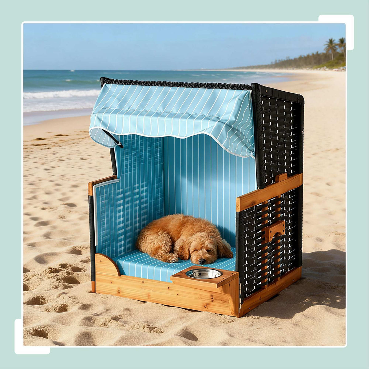 Dog Beach Chair with Bowl – Wood & Rattan