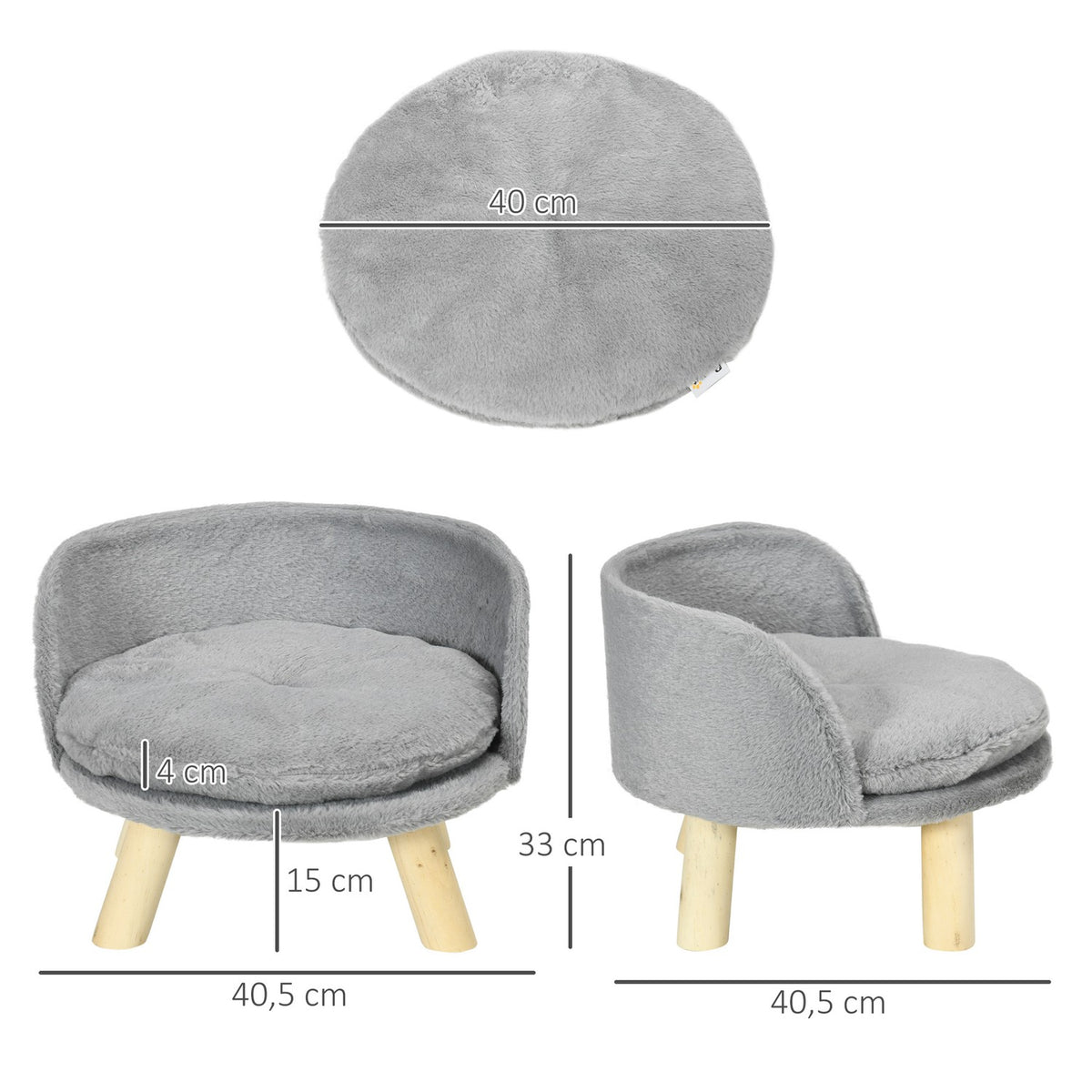 Dog Bed Cat Bed, Dog Sofa With Non-Slip Wooden Feet & Cushion, Indoor, Gray, 40.5X40.5X33Cm