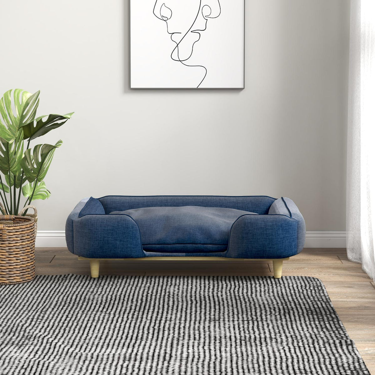 Dog Bed Dog Cushion Dog Basket Dog Sofa Wooden Legs, Polyester, Dark Blue, 96 X 66 X 24 Cm