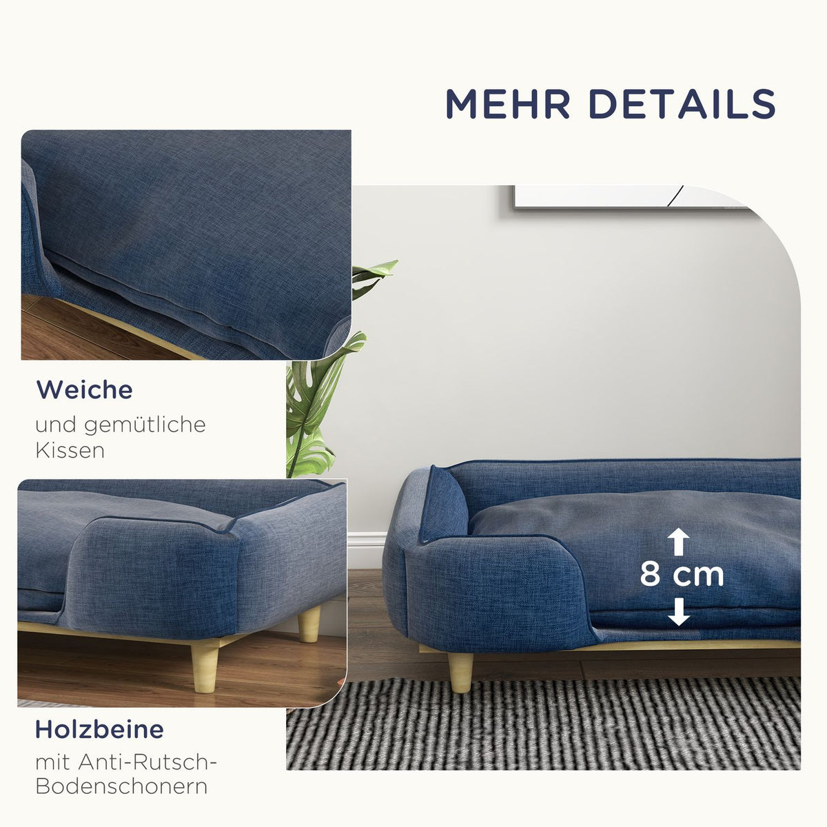 Dog Bed Dog Cushion Dog Basket Dog Sofa Wooden Legs, Polyester, Dark Blue, 96 X 66 X 24 Cm