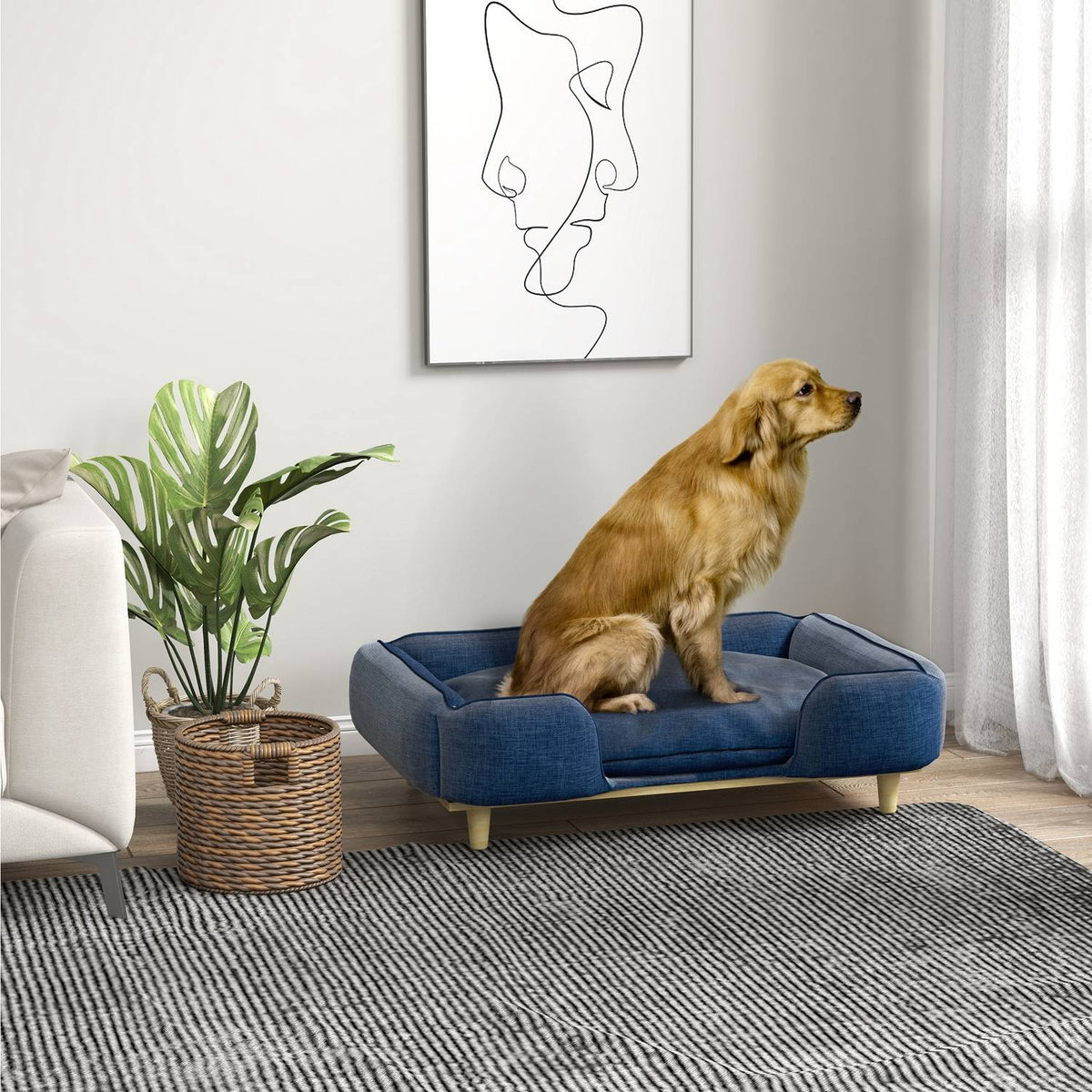 Dog Bed Dog Cushion Dog Basket Dog Sofa Wooden Legs, Polyester, Dark Blue, 96 X 66 X 24 Cm