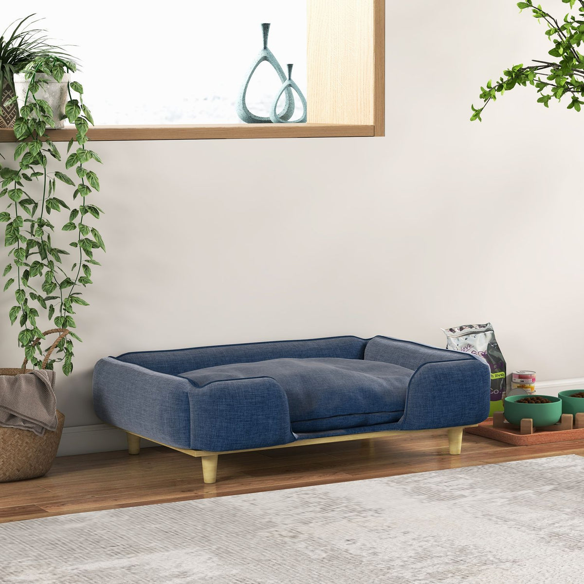 Dog Bed Dog Cushion Dog Basket Dog Sofa Wooden Legs, Polyester, Dark Blue, 96 X 66 X 24 Cm