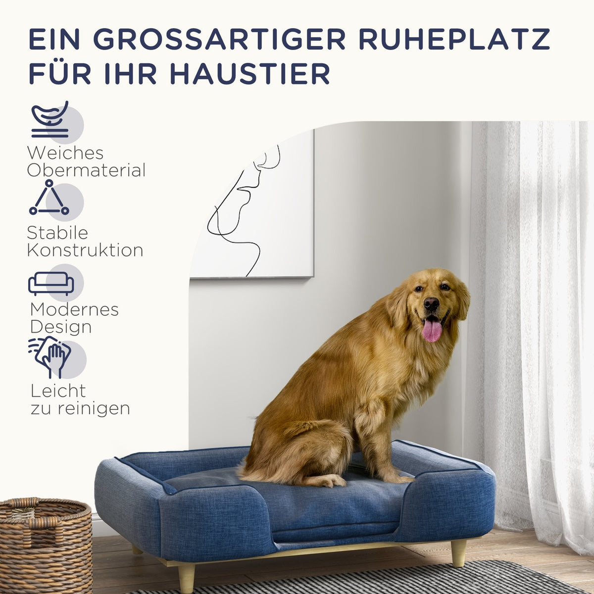 Dog Bed Dog Cushion Dog Basket Dog Sofa Wooden Legs, Polyester, Dark Blue, 96 X 66 X 24 Cm
