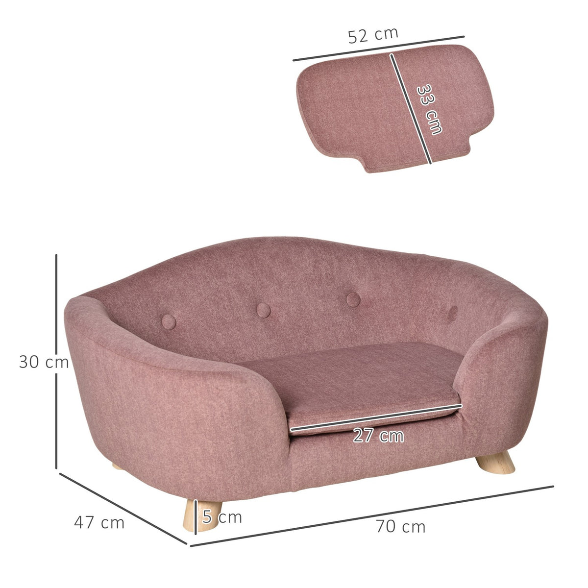Dog Bed Dog Sofa Dog Couch Dog Mat With Cushion Back Pocket Plush Foam Pine Wood Pink 70 X 47 X 30 Cm