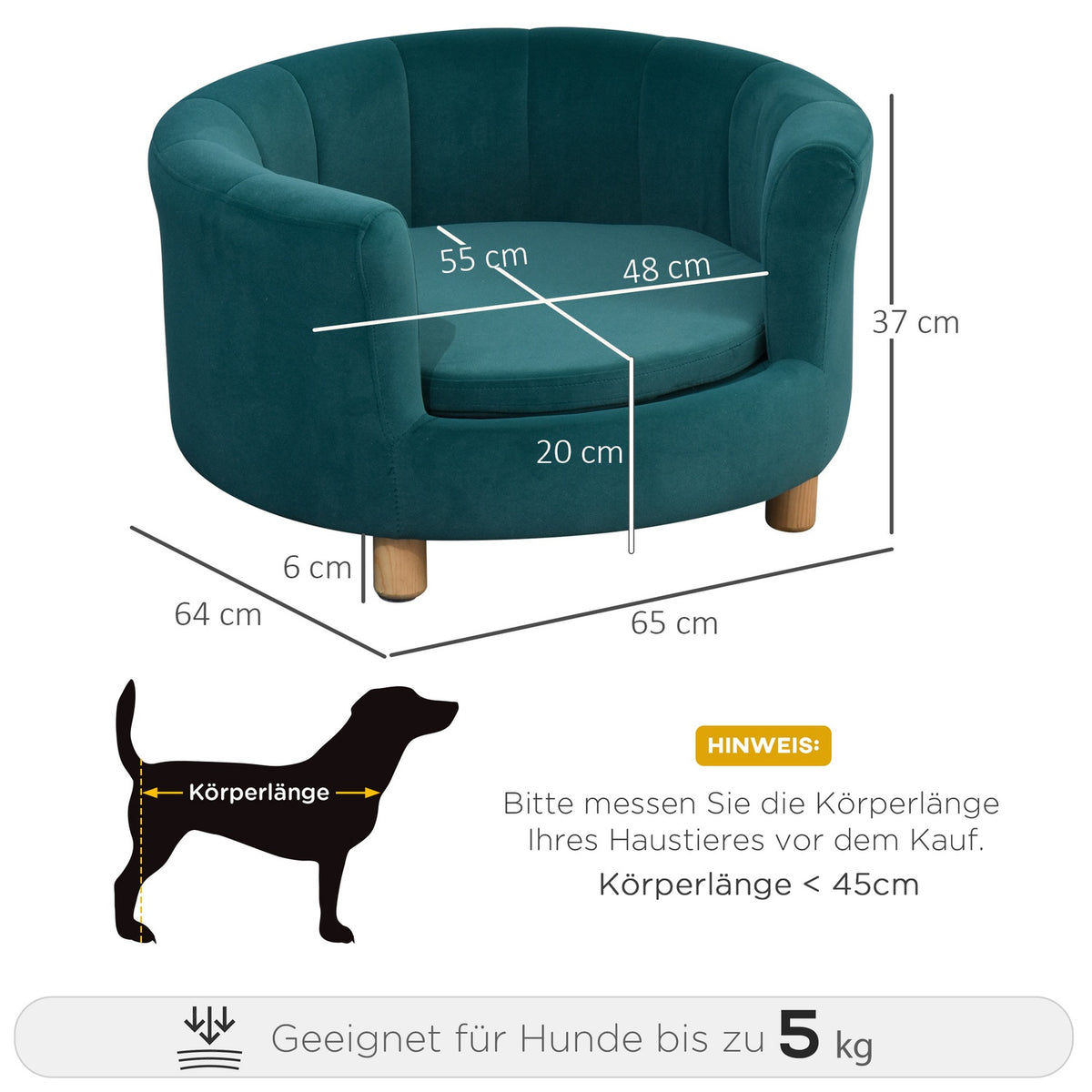 Dog Bed Elegant Dog Sofa With Soft Cover & Wooden Legs, 65X64X37Cm
