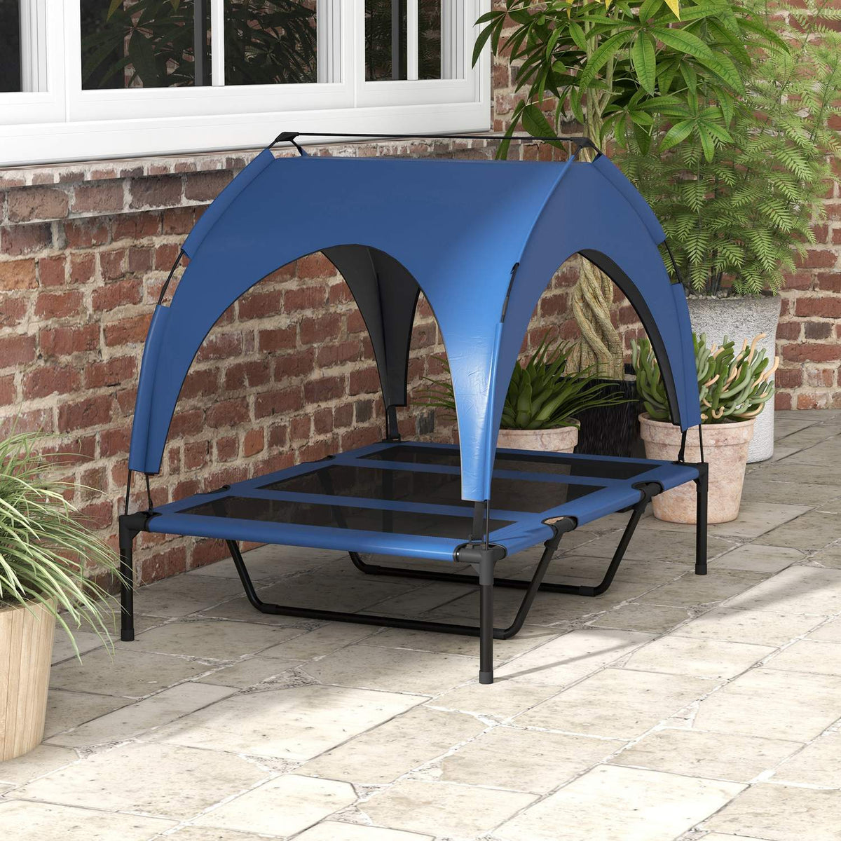 Dog Bed Elevated Outdoor Pet Bed With Canopy, Breathable, Ideal For Large Dogs, Dark Blue Oxford, 106X76X94Cm