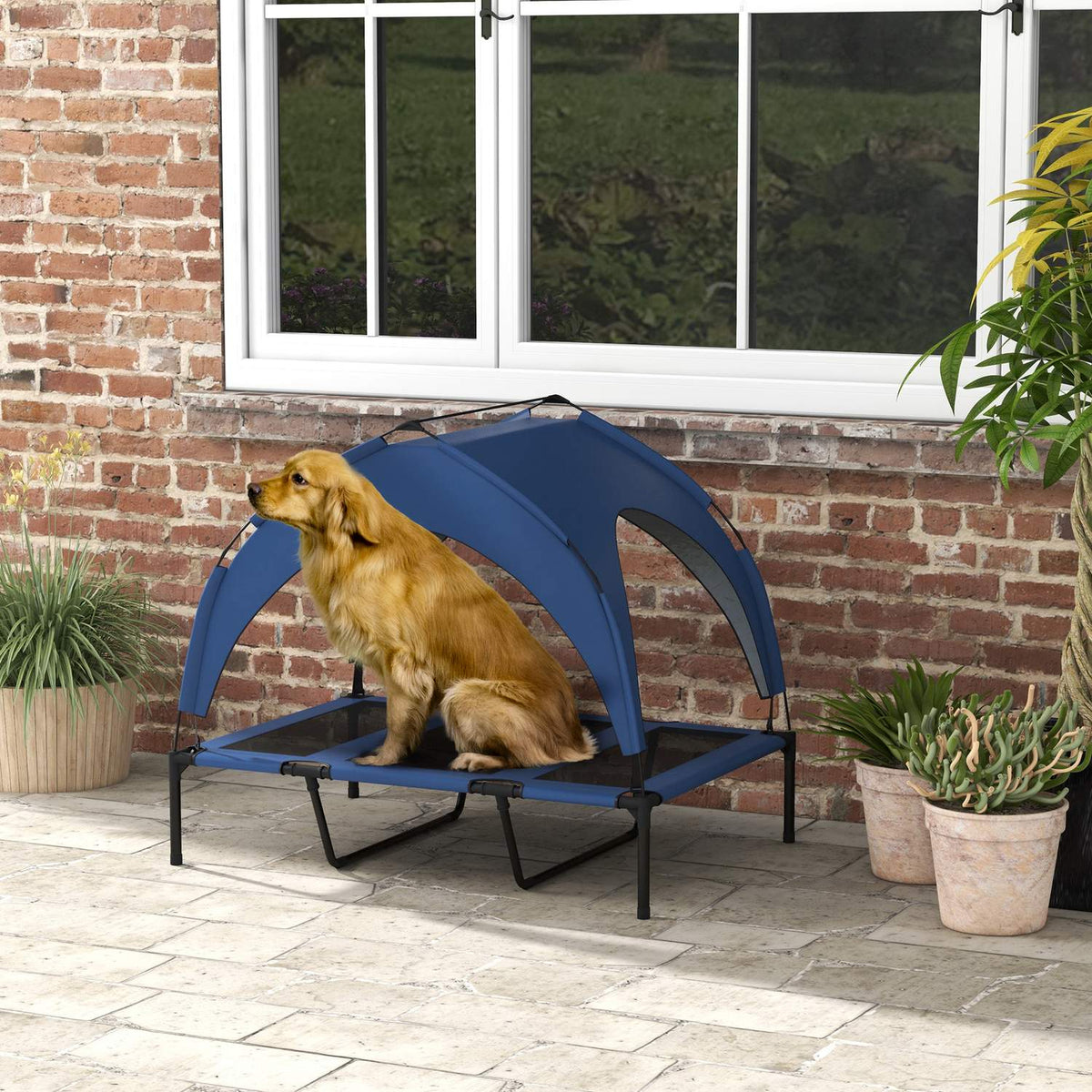 Dog Bed Elevated Outdoor Pet Bed With Canopy, Breathable, Ideal For Large Dogs, Dark Blue Oxford, 106X76X94Cm
