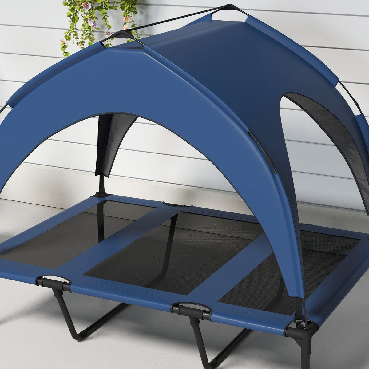 Dog Bed Elevated Outdoor Pet Bed With Canopy, Breathable, Ideal For Large Dogs, Dark Blue Oxford, 106X76X94Cm