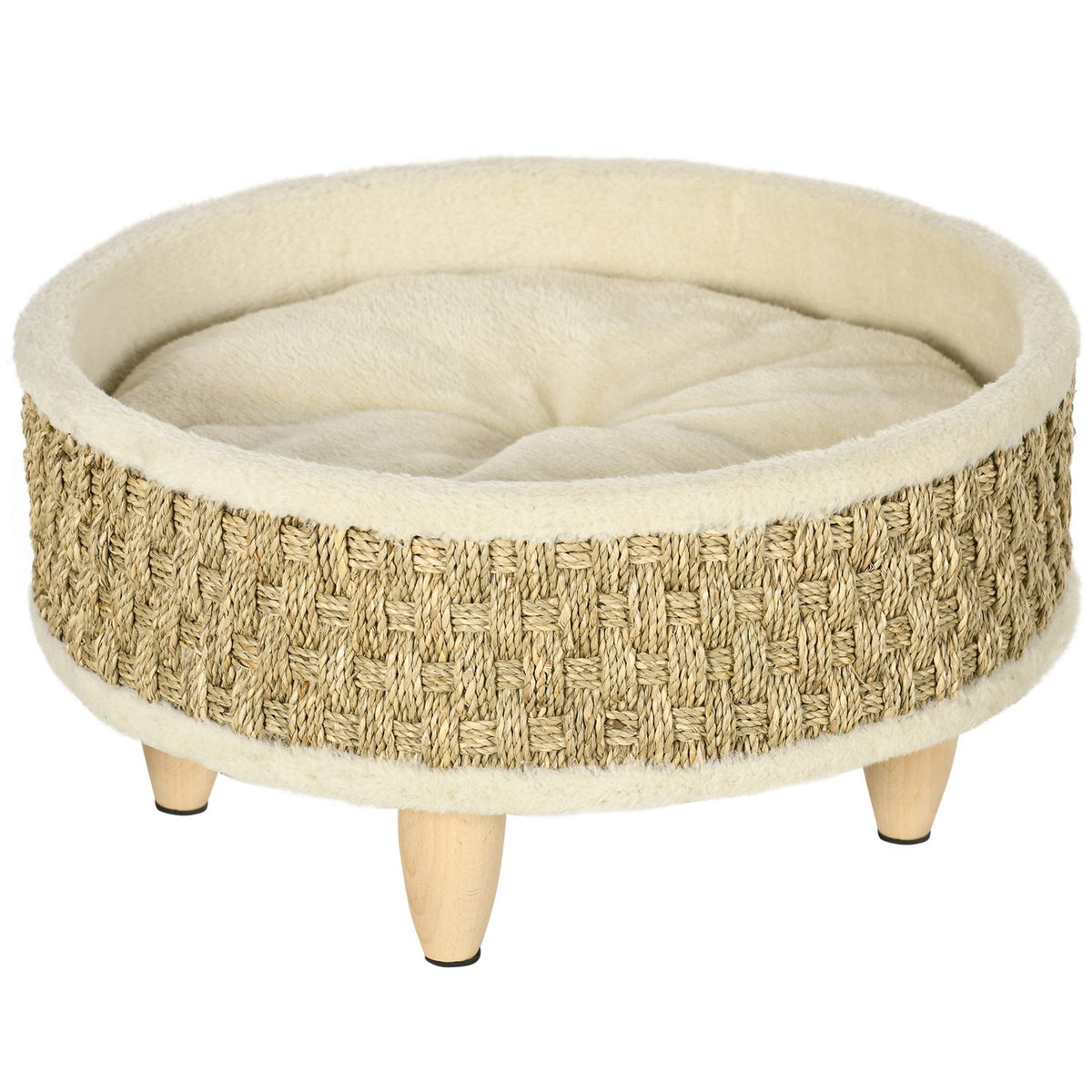 Dog Bed Elevated Pet Bed With Washable Cushion, Seagrass Rope And Wooden Legs, Round, Beige+Khaki, 48X48X24.5Cm