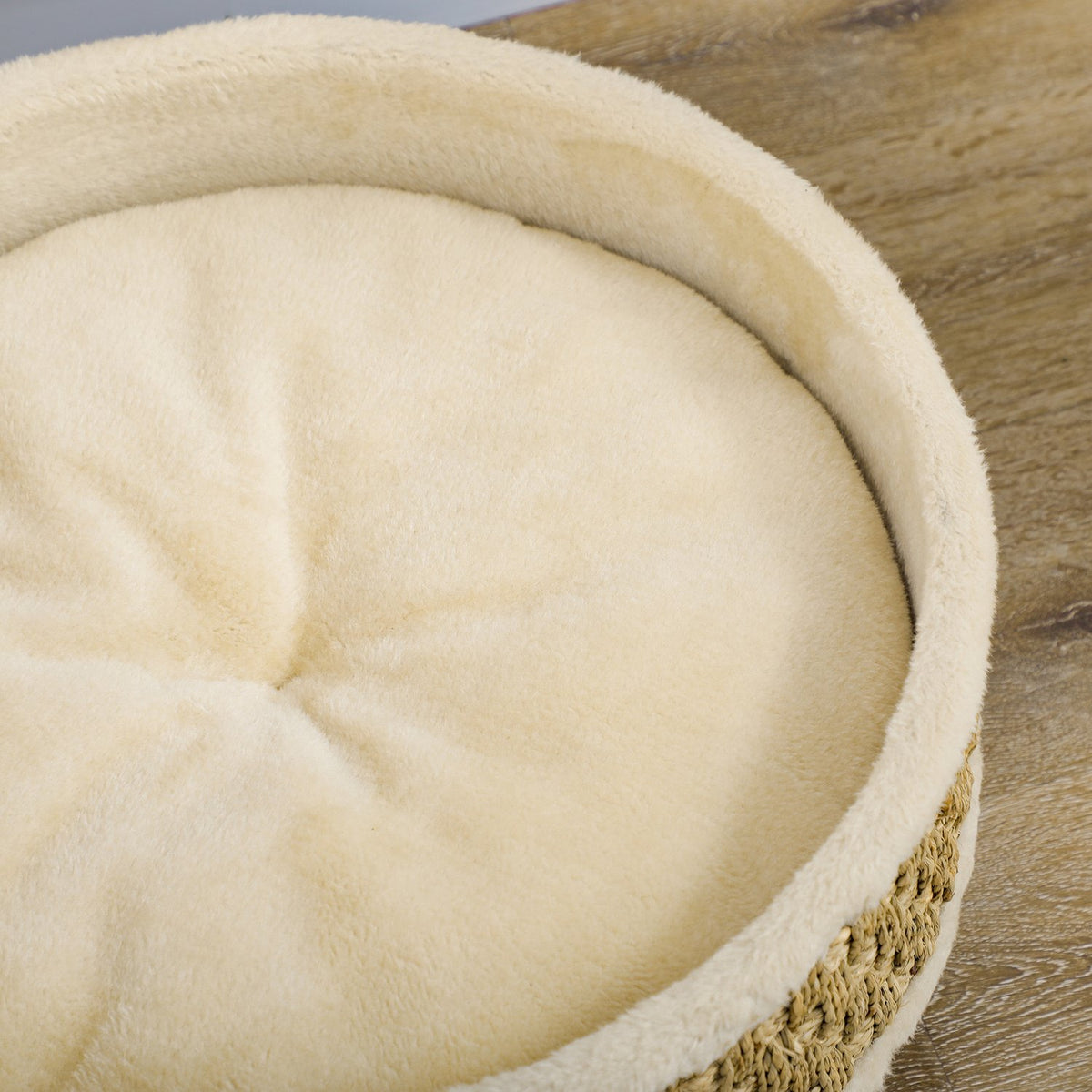 Dog Bed Elevated Pet Bed With Washable Cushion, Seagrass Rope And Wooden Legs, Round, Beige+Khaki, 48X48X24.5Cm