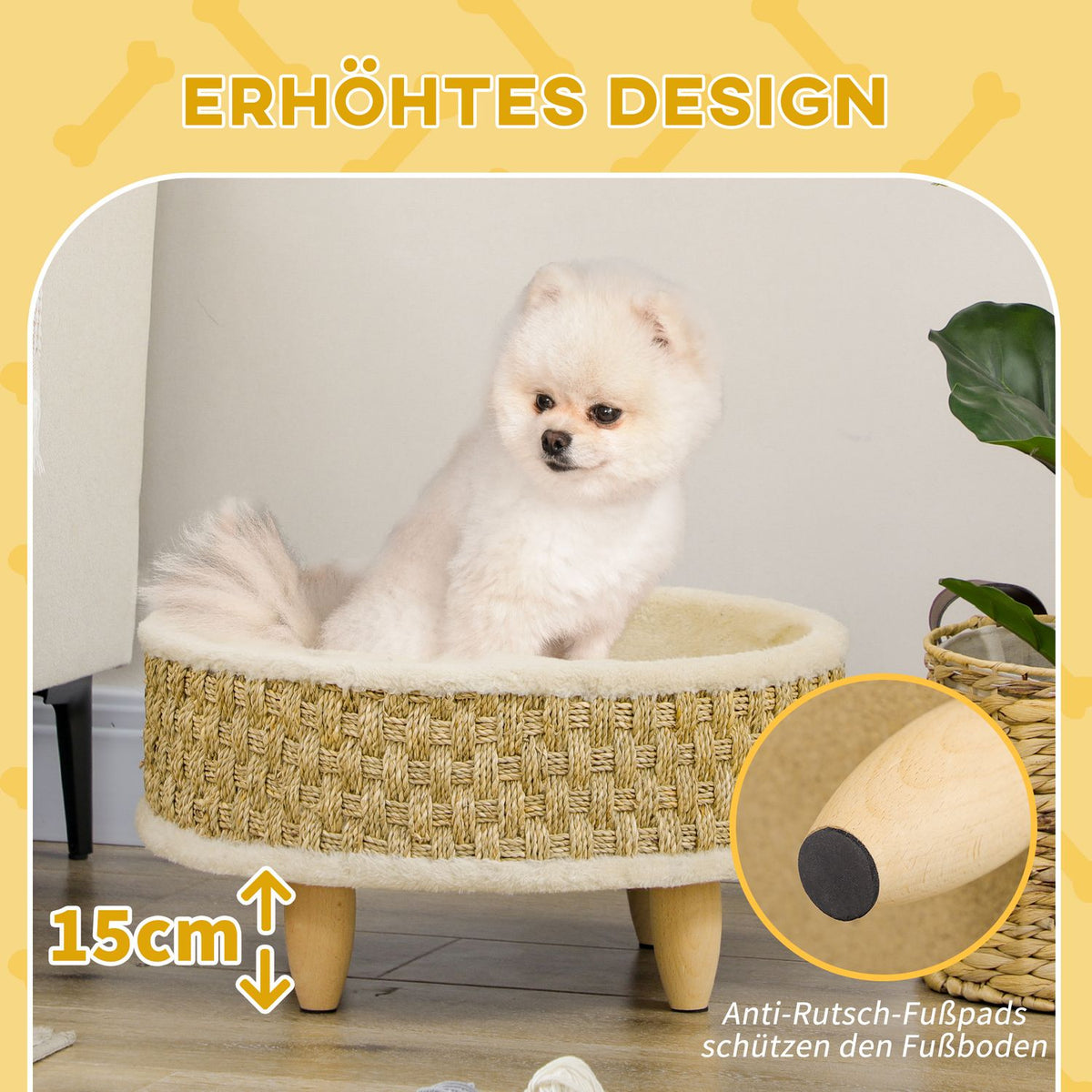 Dog Bed Elevated Pet Bed With Washable Cushion, Seagrass Rope And Wooden Legs, Round, Beige+Khaki, 48X48X24.5Cm