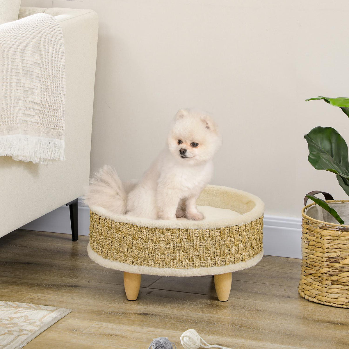 Dog Bed Elevated Pet Bed With Washable Cushion, Seagrass Rope And Wooden Legs, Round, Beige+Khaki, 48X48X24.5Cm