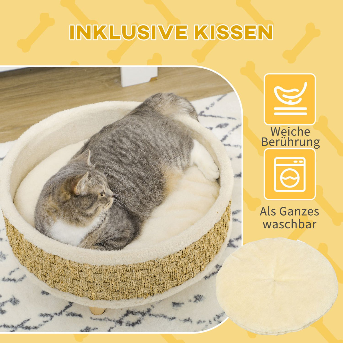 Dog Bed Elevated Pet Bed With Washable Cushion, Seagrass Rope And Wooden Legs, Round, Beige+Khaki, 48X48X24.5Cm