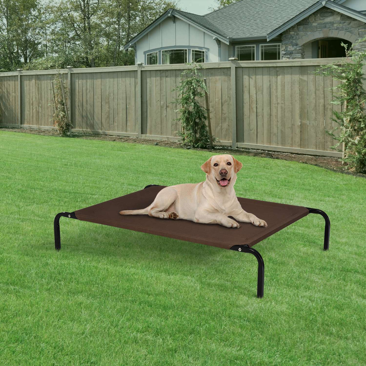 Dog Bed Outdoor Dog Lounger Cat Bed With Mesh Pet Bed Sleeping Place Metal Oxford Fabric Coffee 130 X 80 X 20 Cm