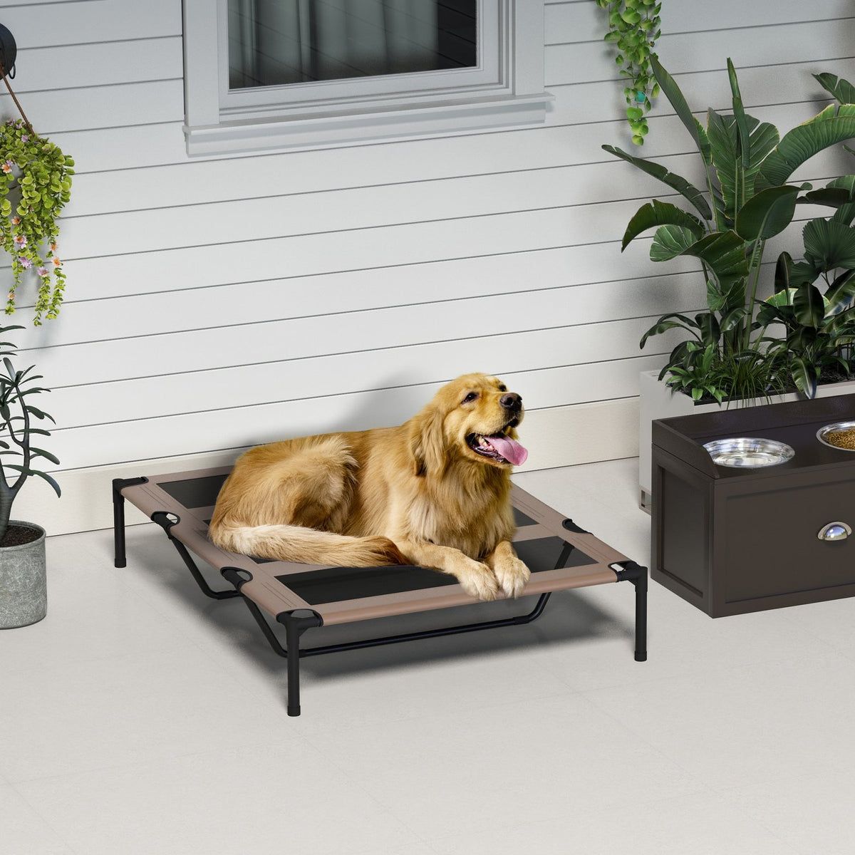 Dog Bed Outdoor Dog Lounger Outdoor Cat Bed Pet Bed Sleeping Place Metal Oxford Fabric Coffee Brown 122 X 92 X 23 Cm