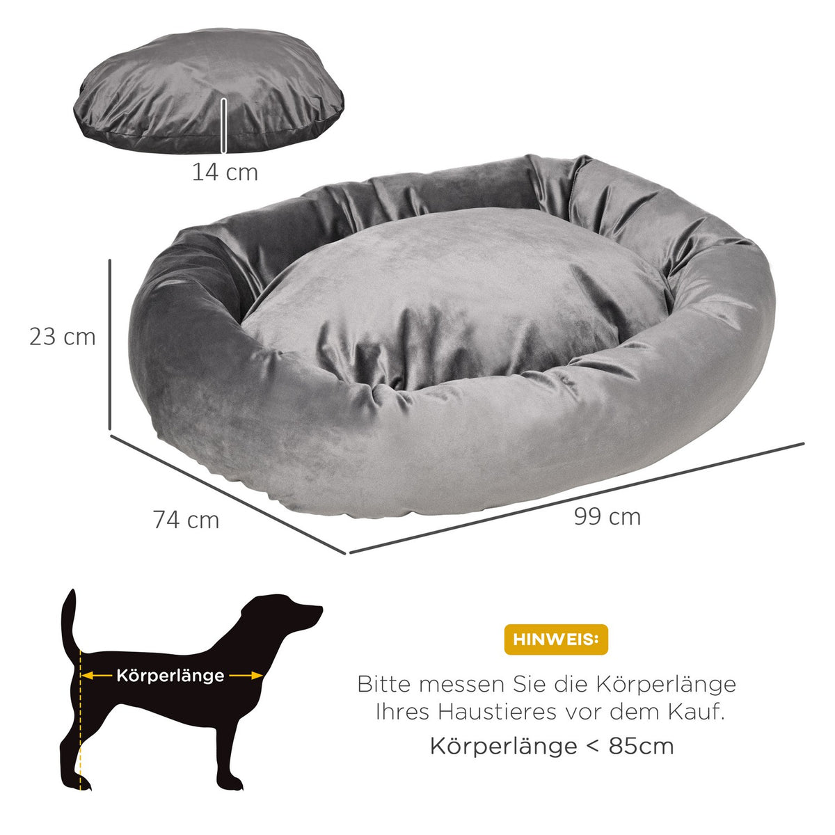 Dog Bed Round Pet Bed Made Of Velvety Polyester, Dark Gray, Removable & Washable, For Dogs & Cats