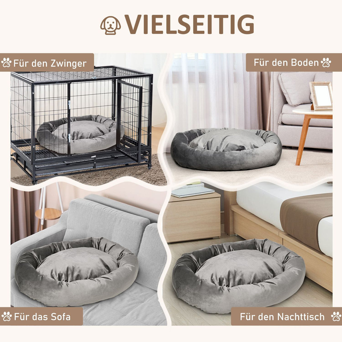 Dog Bed Round Pet Bed Made Of Velvety Polyester, Dark Gray, Removable & Washable, For Dogs & Cats