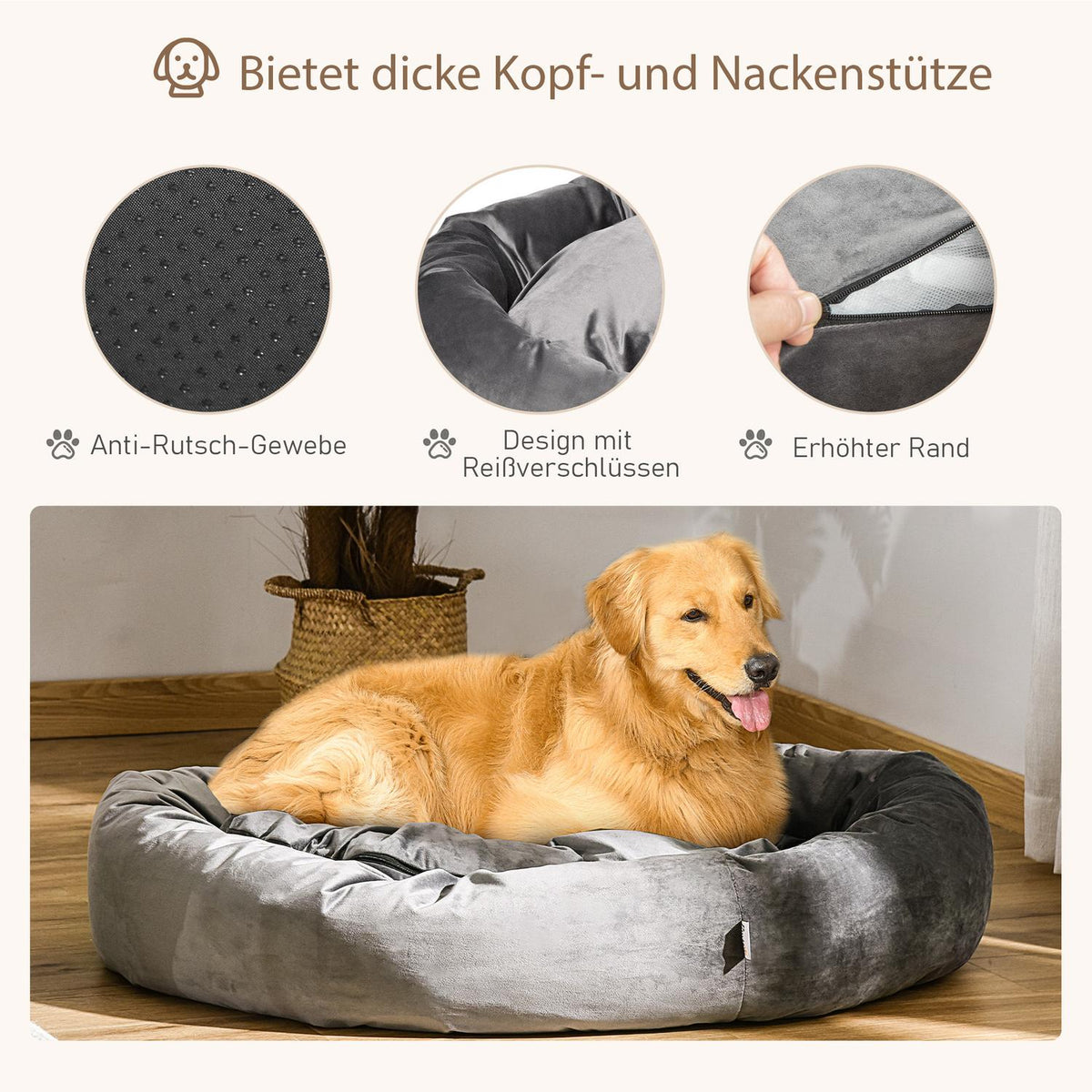 Dog Bed Round Pet Bed Made Of Velvety Polyester, Dark Gray, Removable & Washable, For Dogs & Cats