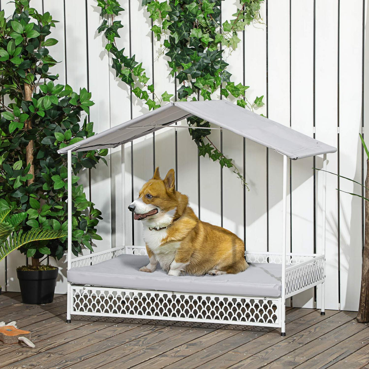 Dog Bed With Canopy Elevated Pet Bed, Dog Lounger With Cushion, Oxford, Steel, 88X50X78Cm, Grey