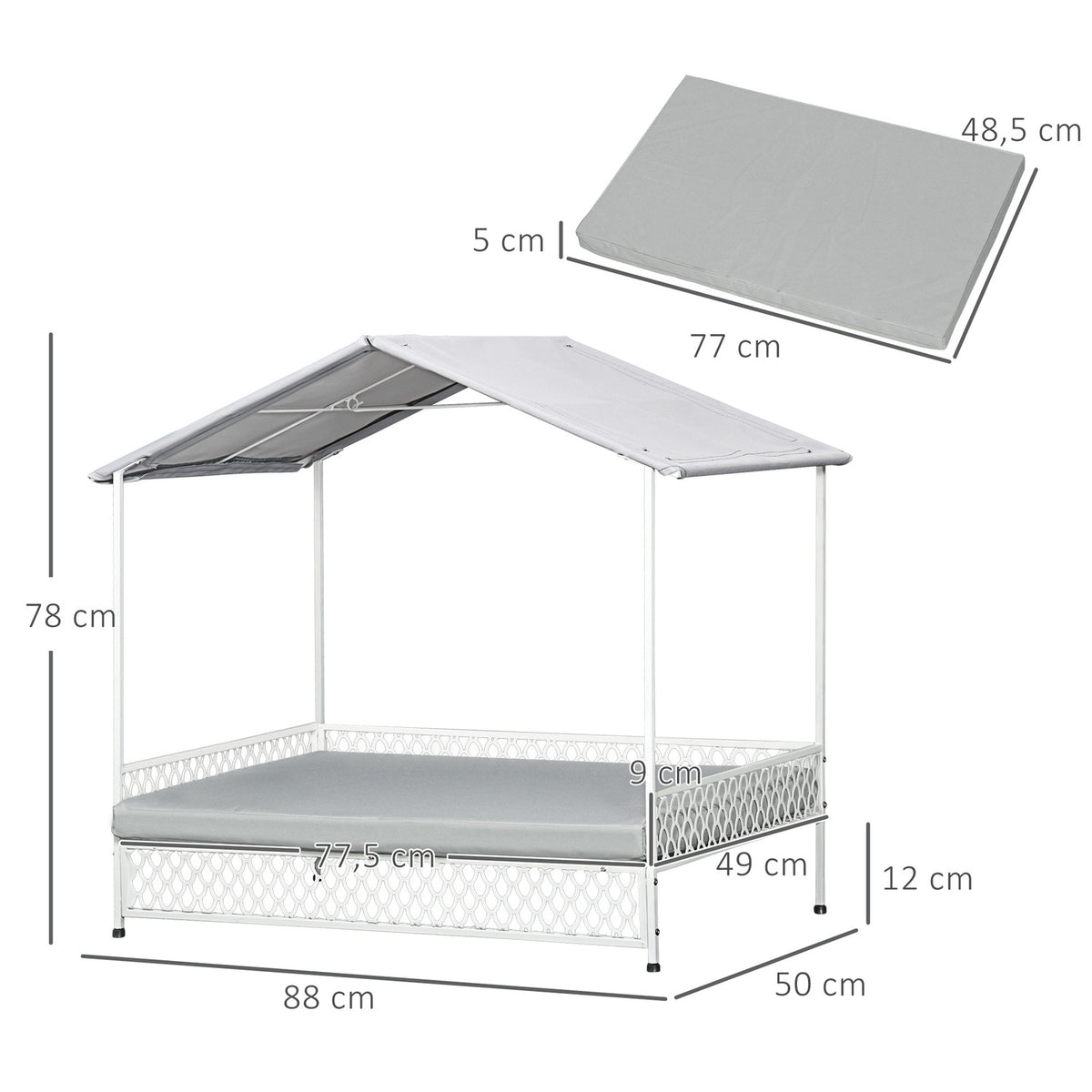 Dog Bed With Canopy Elevated Pet Bed, Dog Lounger With Cushion, Oxford, Steel, 88X50X78Cm, Grey