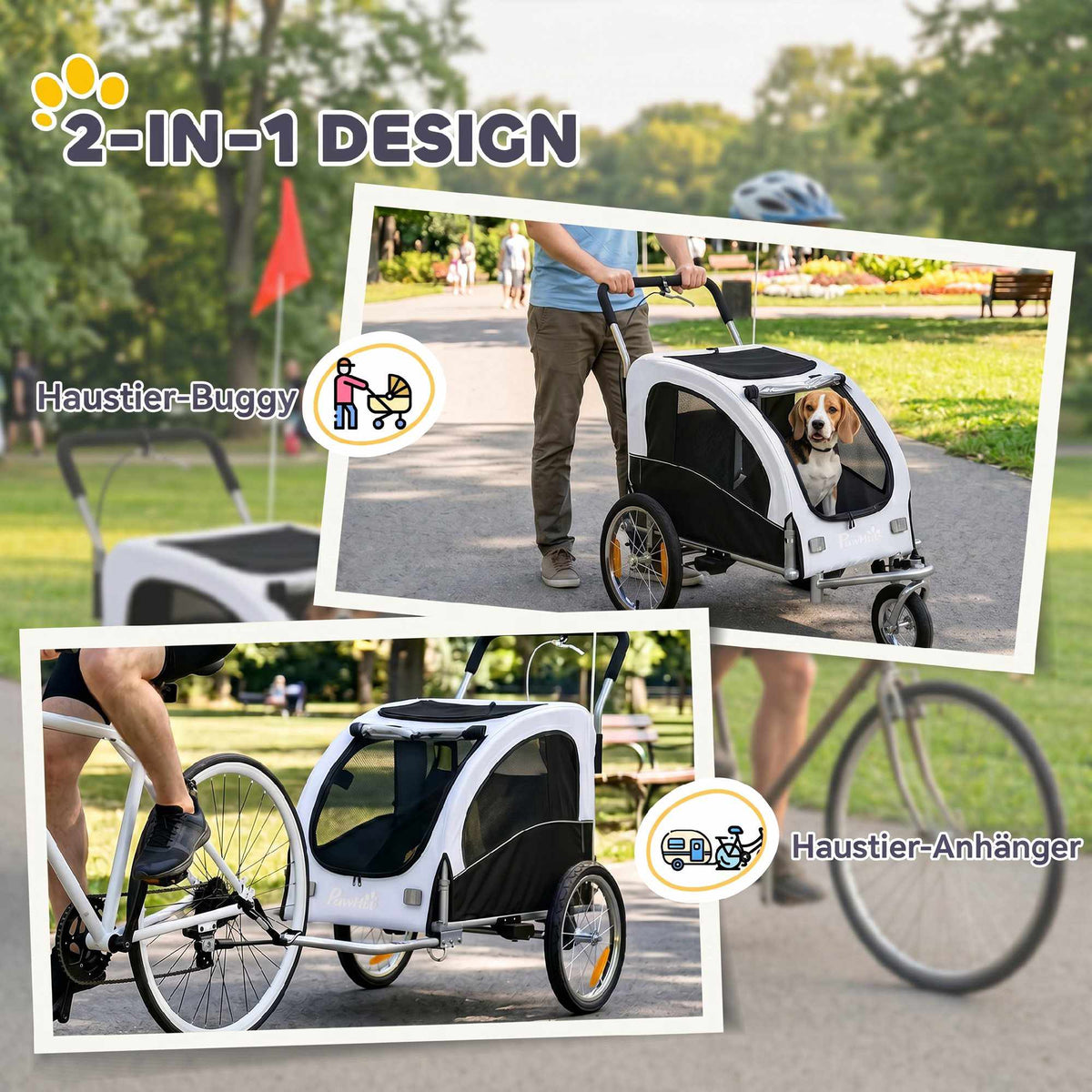 Dog Bike Trailer-Stroller, 2-in-1, Up To 20 kg, White