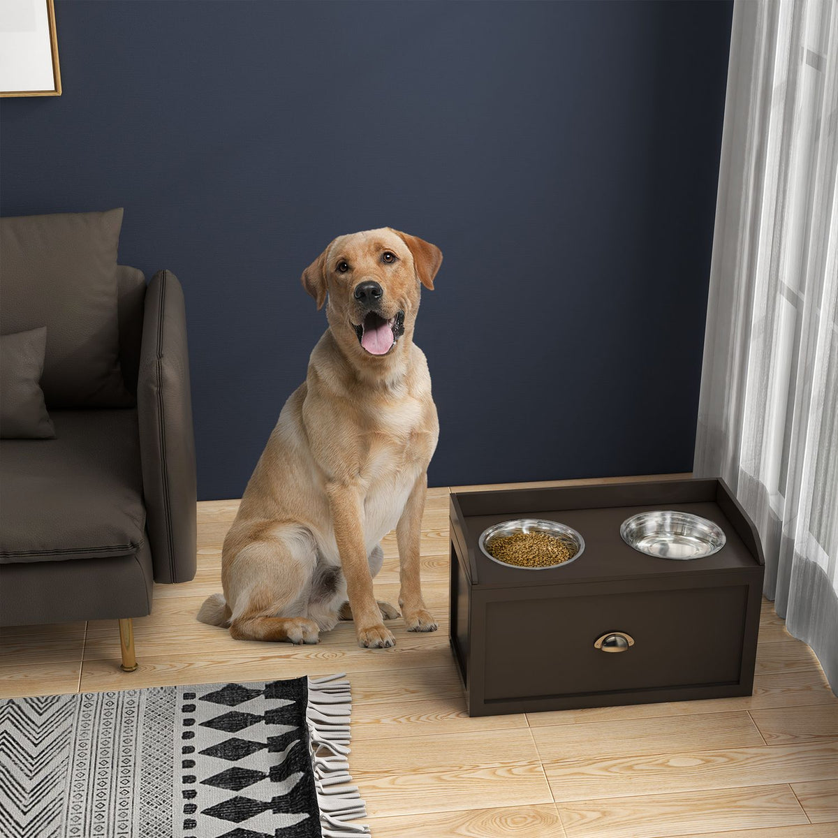 Dog Bowl, 2 x 2L Feeding Bowl, Elevated Feeding Bowl with Drawer, Stainless Steel Bowl, Feeding Station for Large Dogs, Coffee