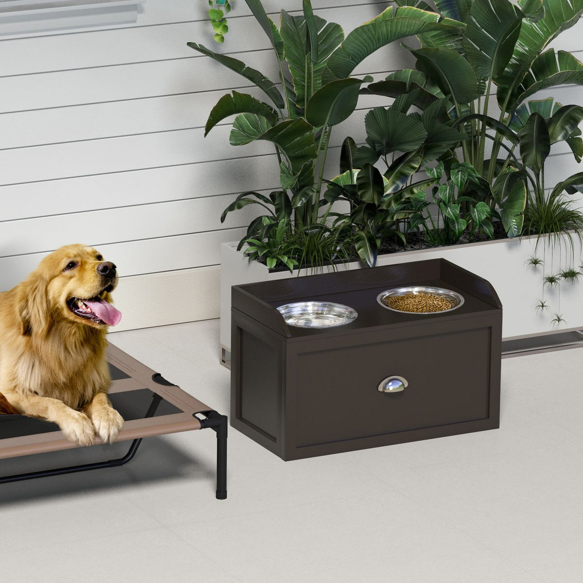 Dog Bowl, 2 x 2L Feeding Bowl, Elevated Feeding Bowl with Drawer, Stainless Steel Bowl, Feeding Station for Large Dogs, Coffee