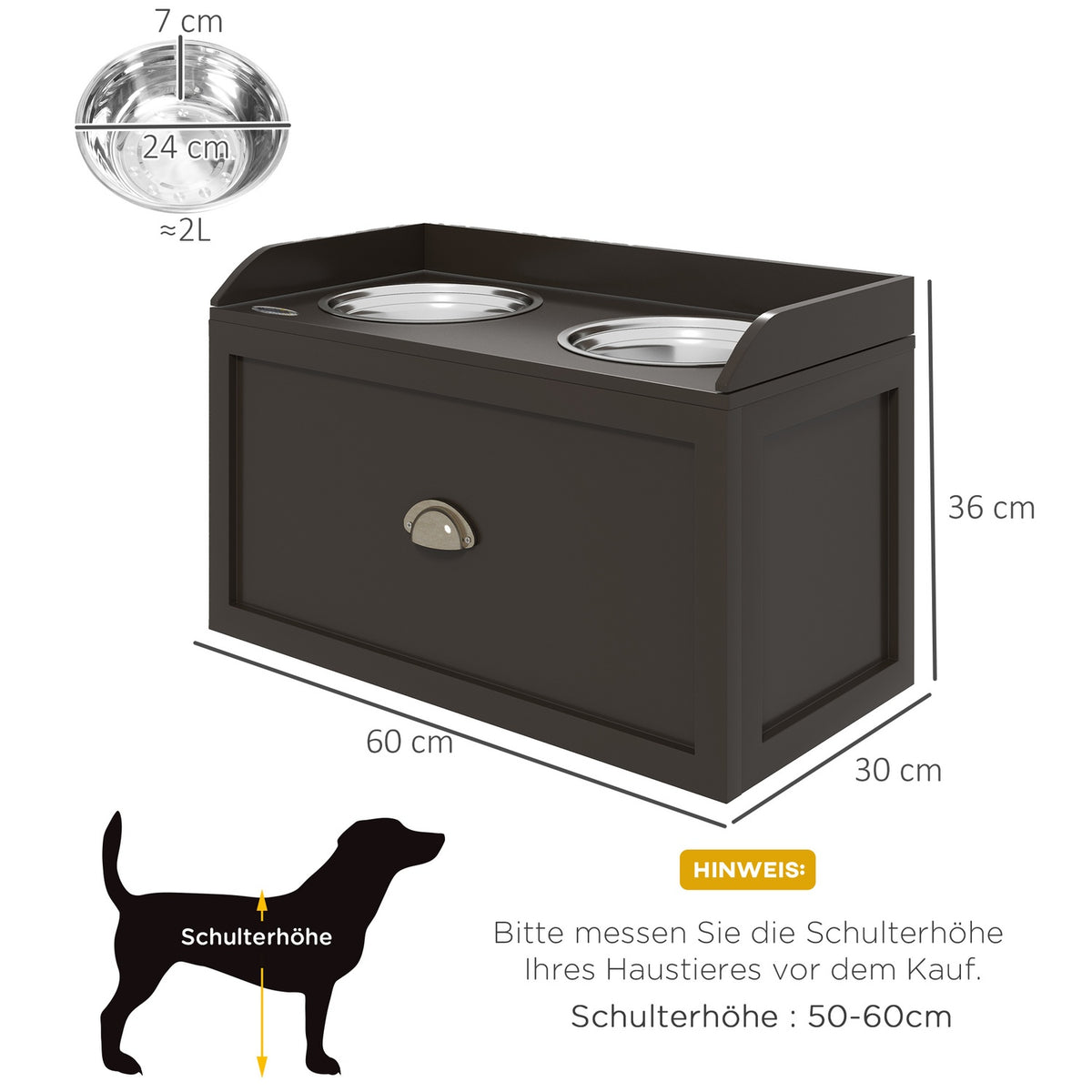 Dog Bowl, 2 x 2L Feeding Bowl, Elevated Feeding Bowl with Drawer, Stainless Steel Bowl, Feeding Station for Large Dogs, Coffee