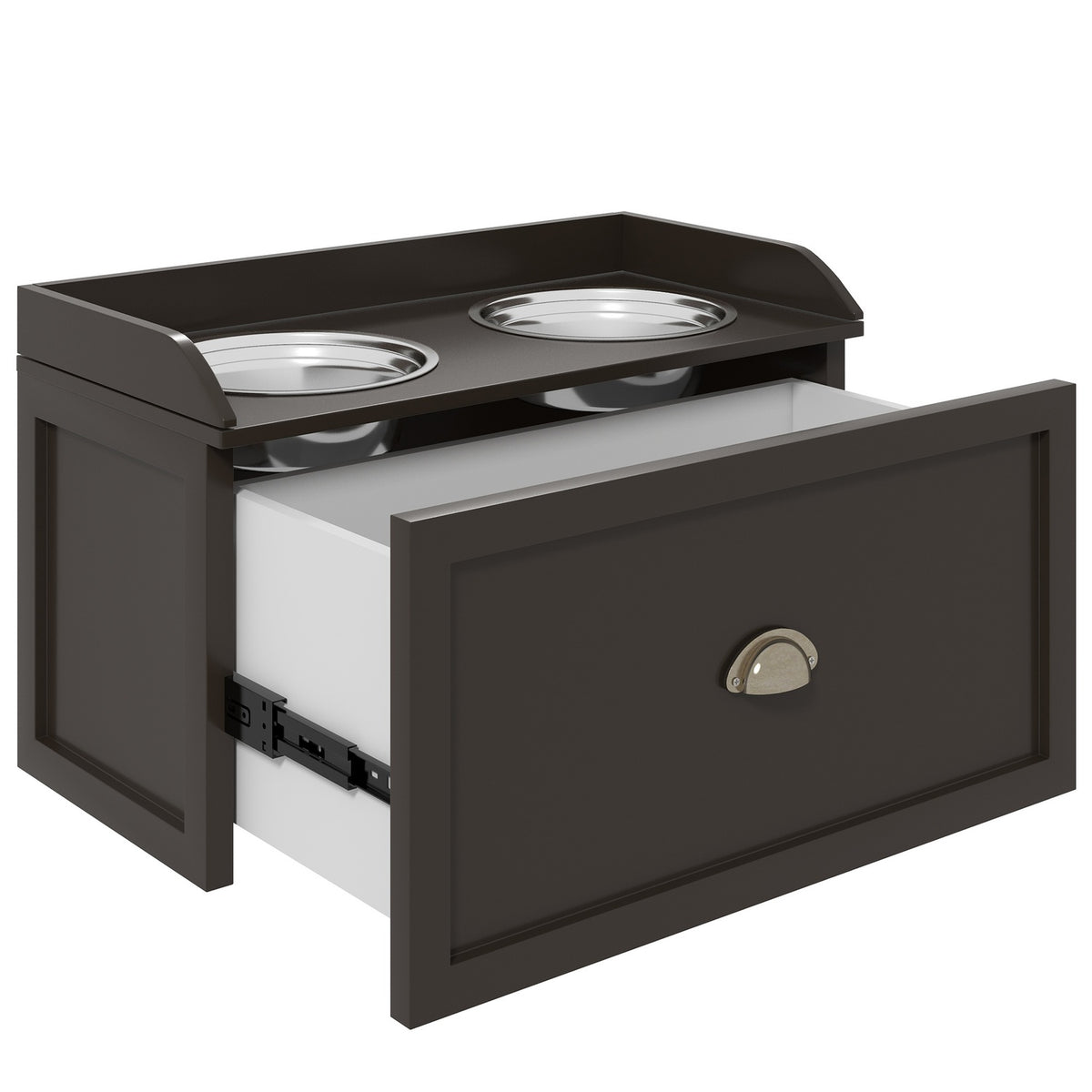 Dog Bowl, 2 x 2L Feeding Bowl, Elevated Feeding Bowl with Drawer, Stainless Steel Bowl, Feeding Station for Large Dogs, Coffee
