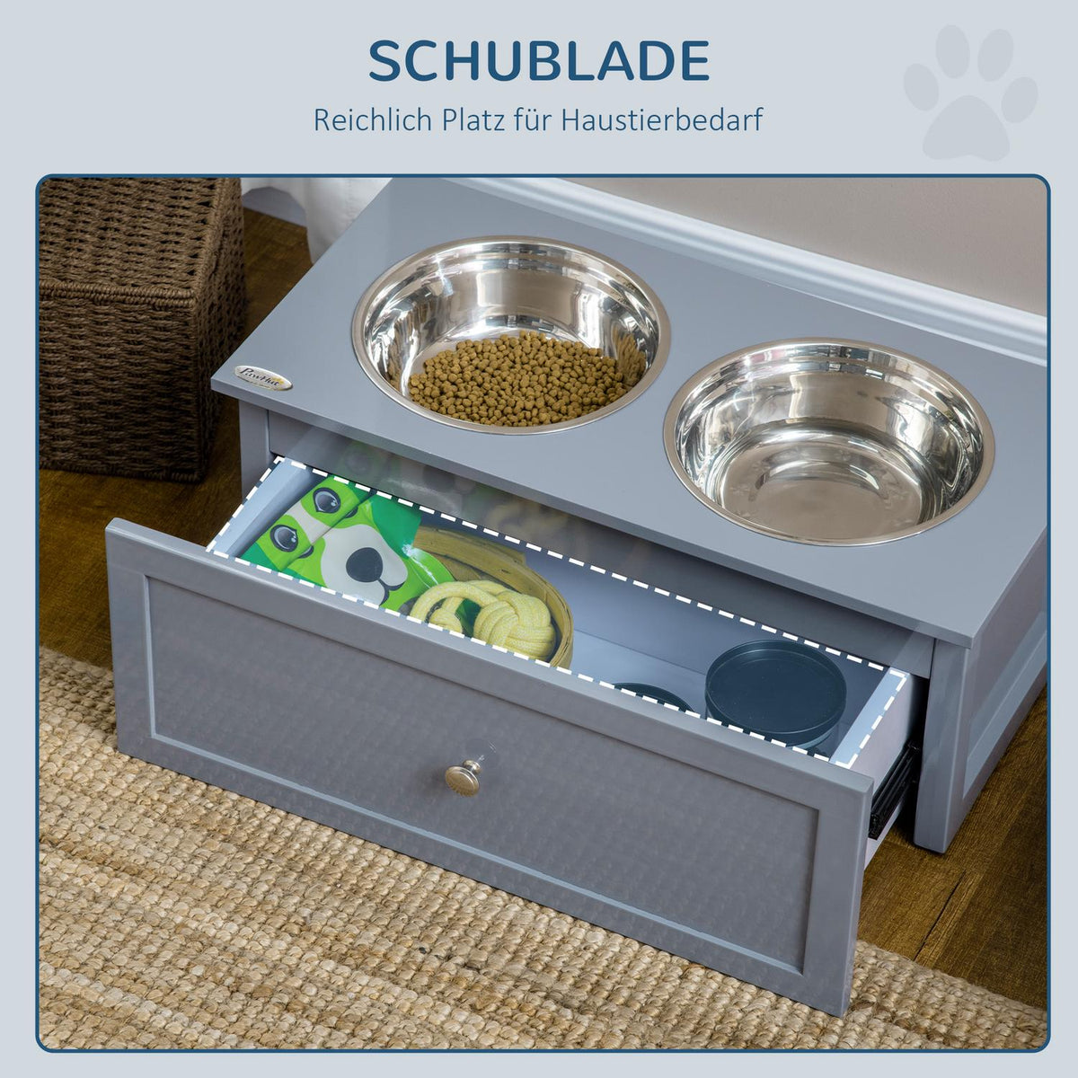 Dog Bowl Drawer Stainless Steel Double Bowl Medium Dog Gray Feeding Station