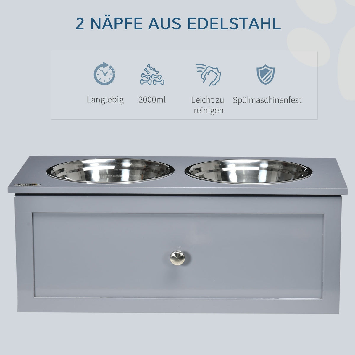 Dog Bowl Drawer Stainless Steel Double Bowl Medium Dog Gray Feeding Station