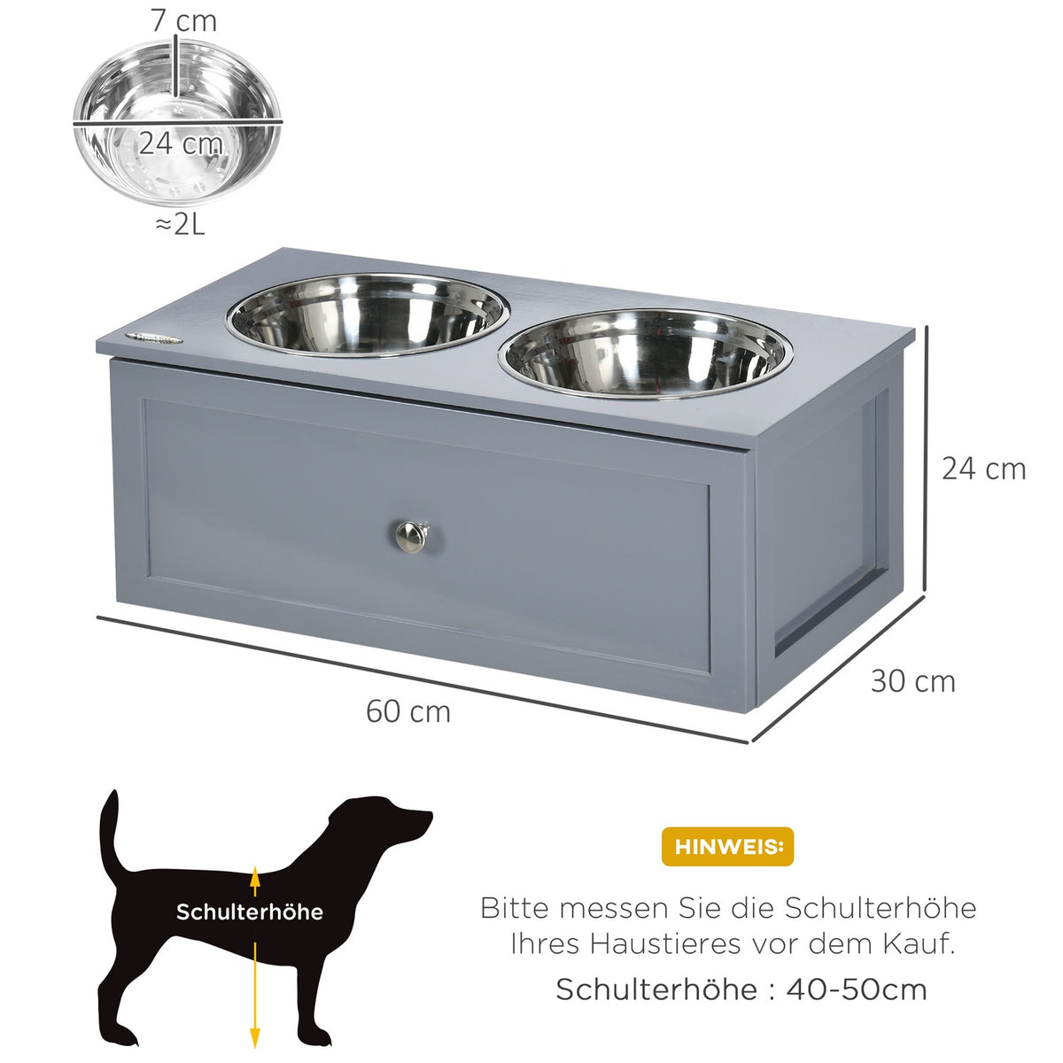 Dog Bowl Drawer Stainless Steel Double Bowl Medium Dog Gray Feeding Station