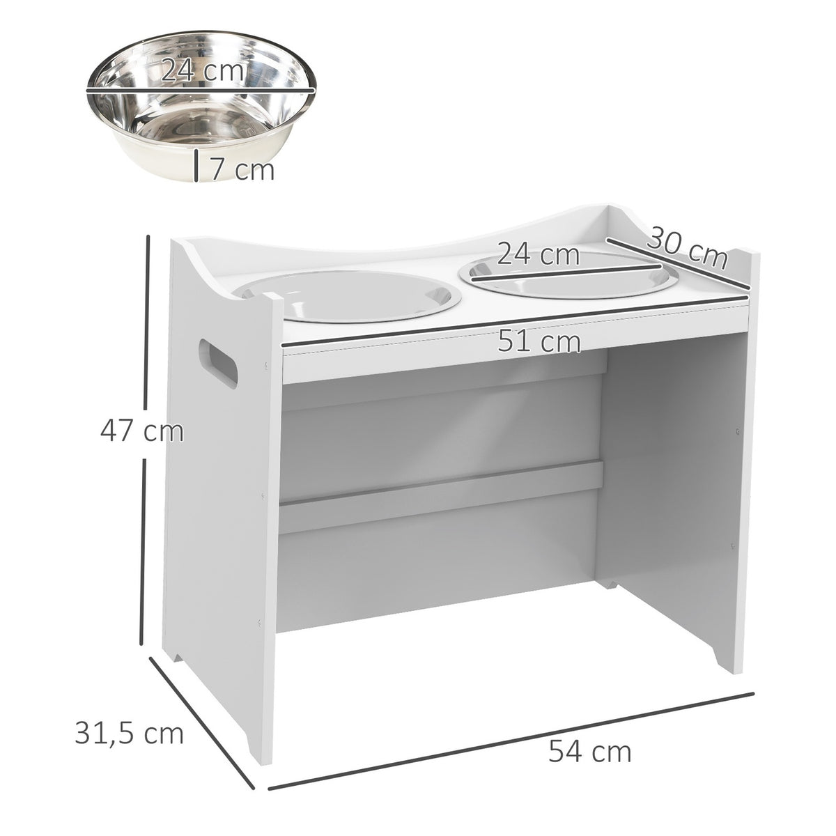 Dog Bowl Height Adjustable Feeding Bowl Feeding Station 2L Stainless Steel Feeding Stand Handle Dog Bar All Sizes White