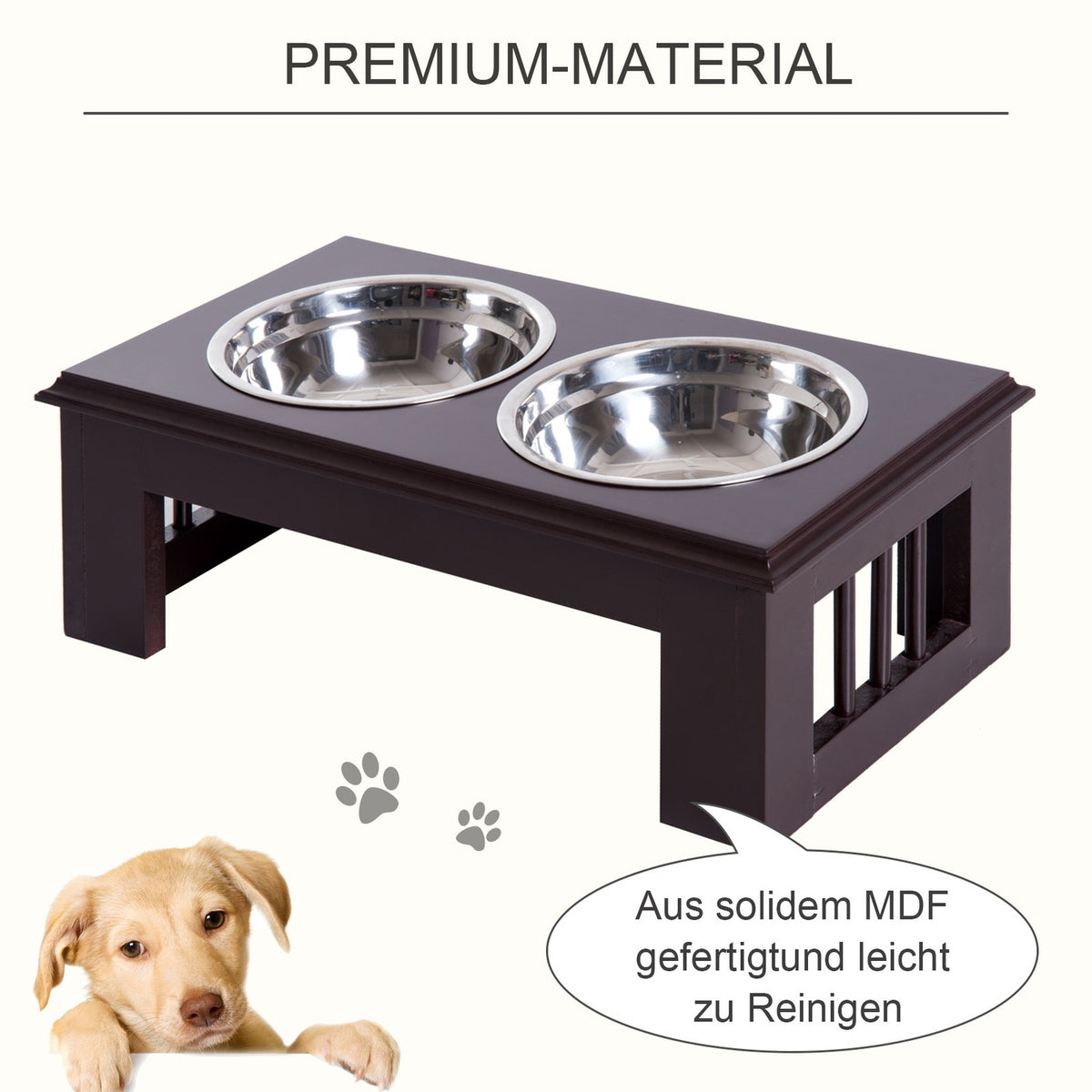 Dog Bowl Set Of 2 Stainless Steel Food Bowls, Raised Cat Bowl, Mdf, Easy Care, Coffee, 44X24X15Cm