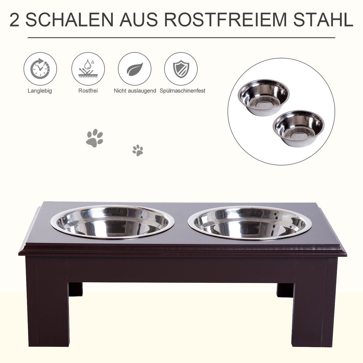 Dog Bowl Set Of 2 Stainless Steel Food Bowls, Raised Cat Bowl, Mdf, Easy Care, Coffee, 44X24X15Cm