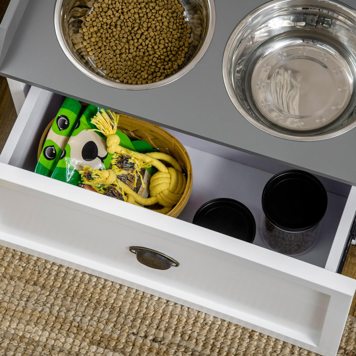 Dog Bowl With Drawer 2X2L Elevated Stainless Steel Feeding Station For Cats/Dogs, White