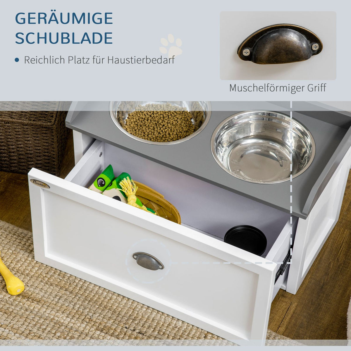 Dog Bowl With Drawer 2X2L Elevated Stainless Steel Feeding Station For Cats/Dogs, White