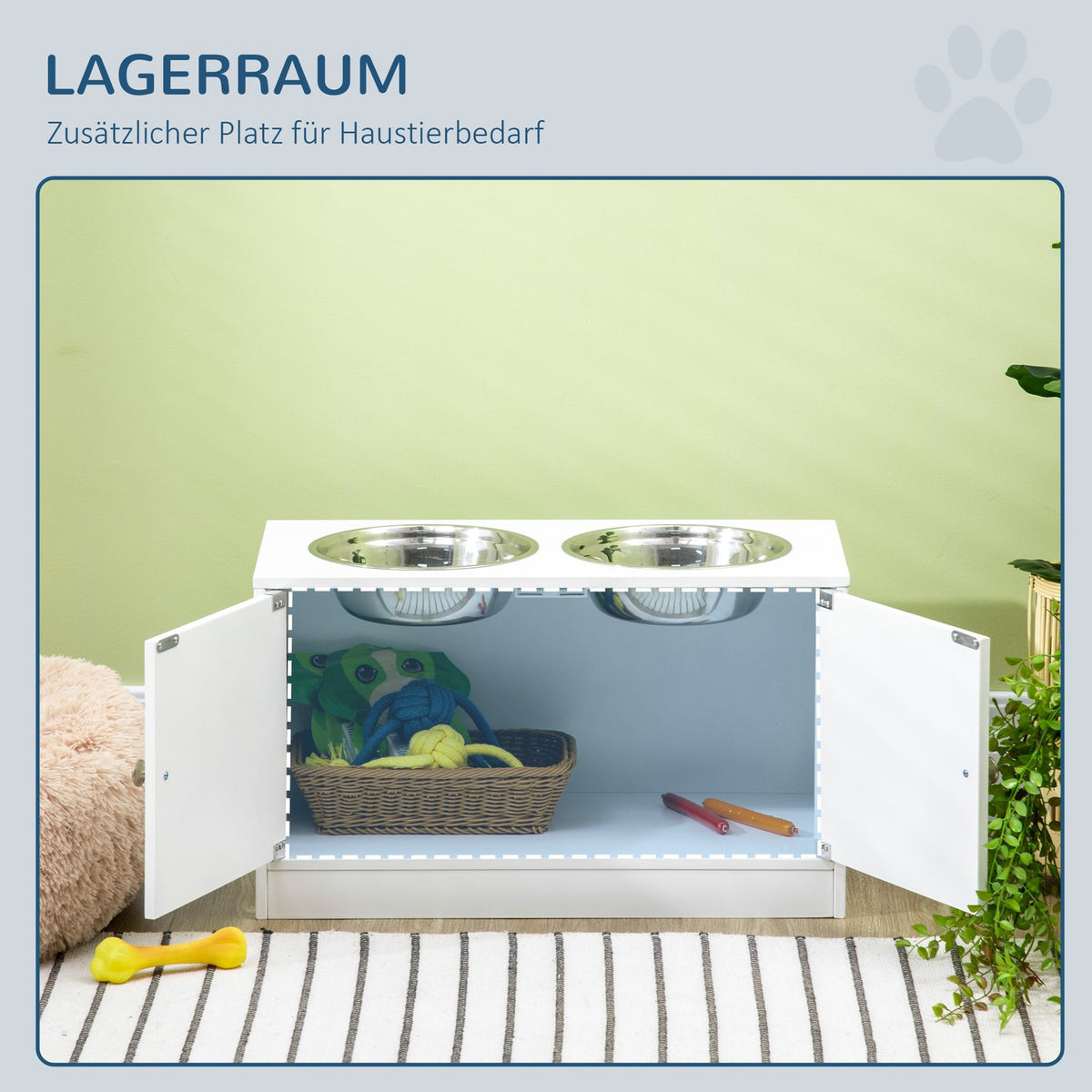 Dog Bowls, Elevated Feeding Station With 2 Stainless Steel Bowls, Dog Bowl Stand With 44L Storage Space, Magnetic Doors, Food Bowl, Water Bowl, White