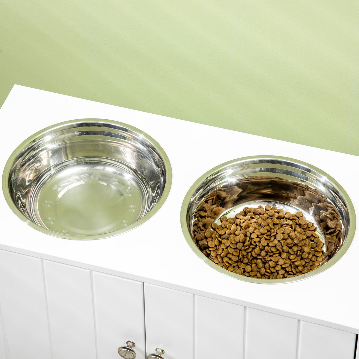 Dog Bowls, Elevated Feeding Station With 2 Stainless Steel Bowls, Dog Bowl Stand With 44L Storage Space, Magnetic Doors, Food Bowl, Water Bowl, White