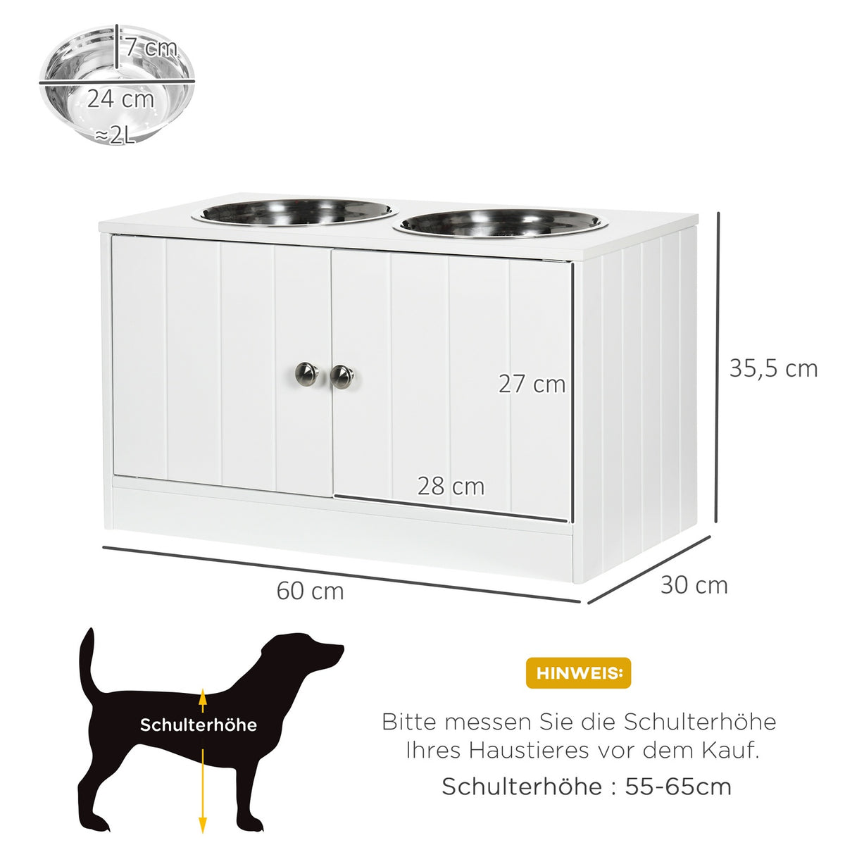 Dog Bowls, Elevated Feeding Station With 2 Stainless Steel Bowls, Dog Bowl Stand With 44L Storage Space, Magnetic Doors, Food Bowl, Water Bowl, White