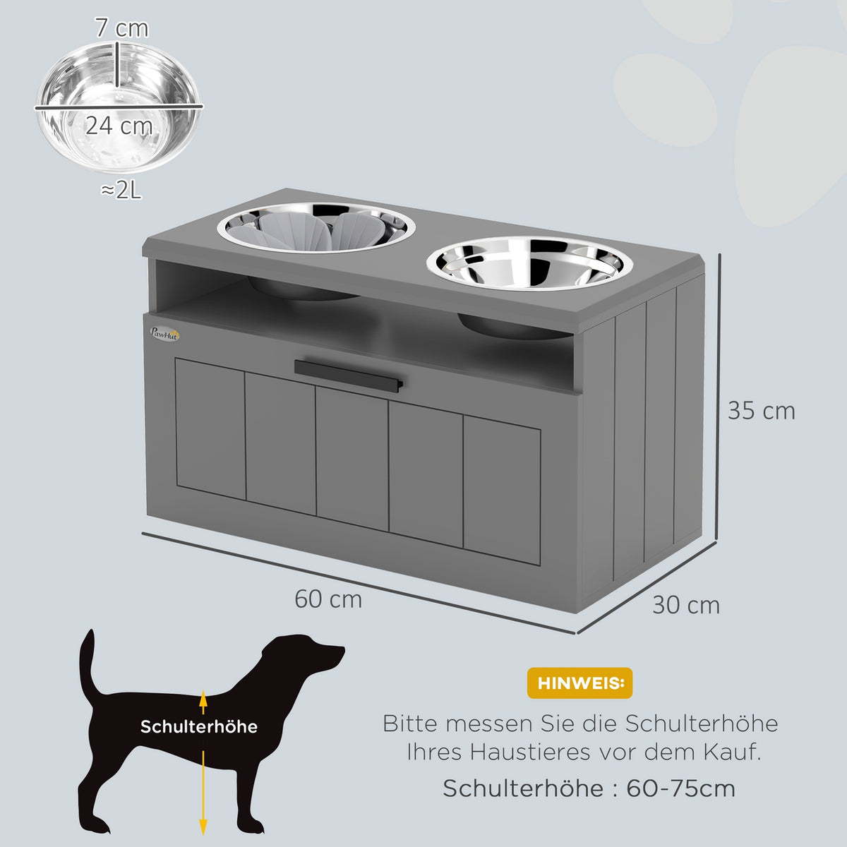 Dog Bowls, Elevated Feeding Station with 2 Stainless Steel Bowls, Anti-Sling Mat, Dog Bowl Stand with 25L Storage Space, Food Bowl, Water Bowl for Large and Extra Large Dogs, Gray