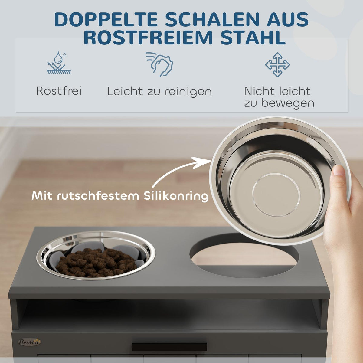 Dog Bowls, Elevated Feeding Station with 2 Stainless Steel Bowls, Anti-Sling Mat, Dog Bowl Stand with 25L Storage Space, Food Bowl, Water Bowl for Large and Extra Large Dogs, Gray
