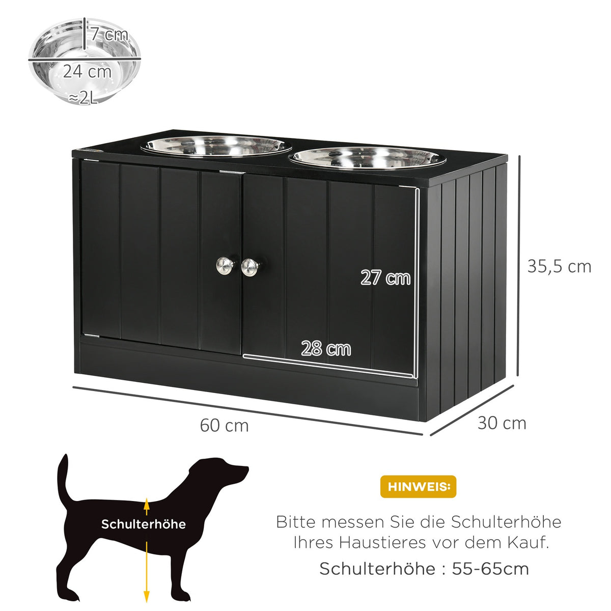 Dog Bowls, Elevated Feeding Station with 2 Stainless Steel Bowls, Dog Bowl Stand with 44L Storage Space, Magnetic Doors, Food Bowl, Water Bowl for Large Dogs, Black