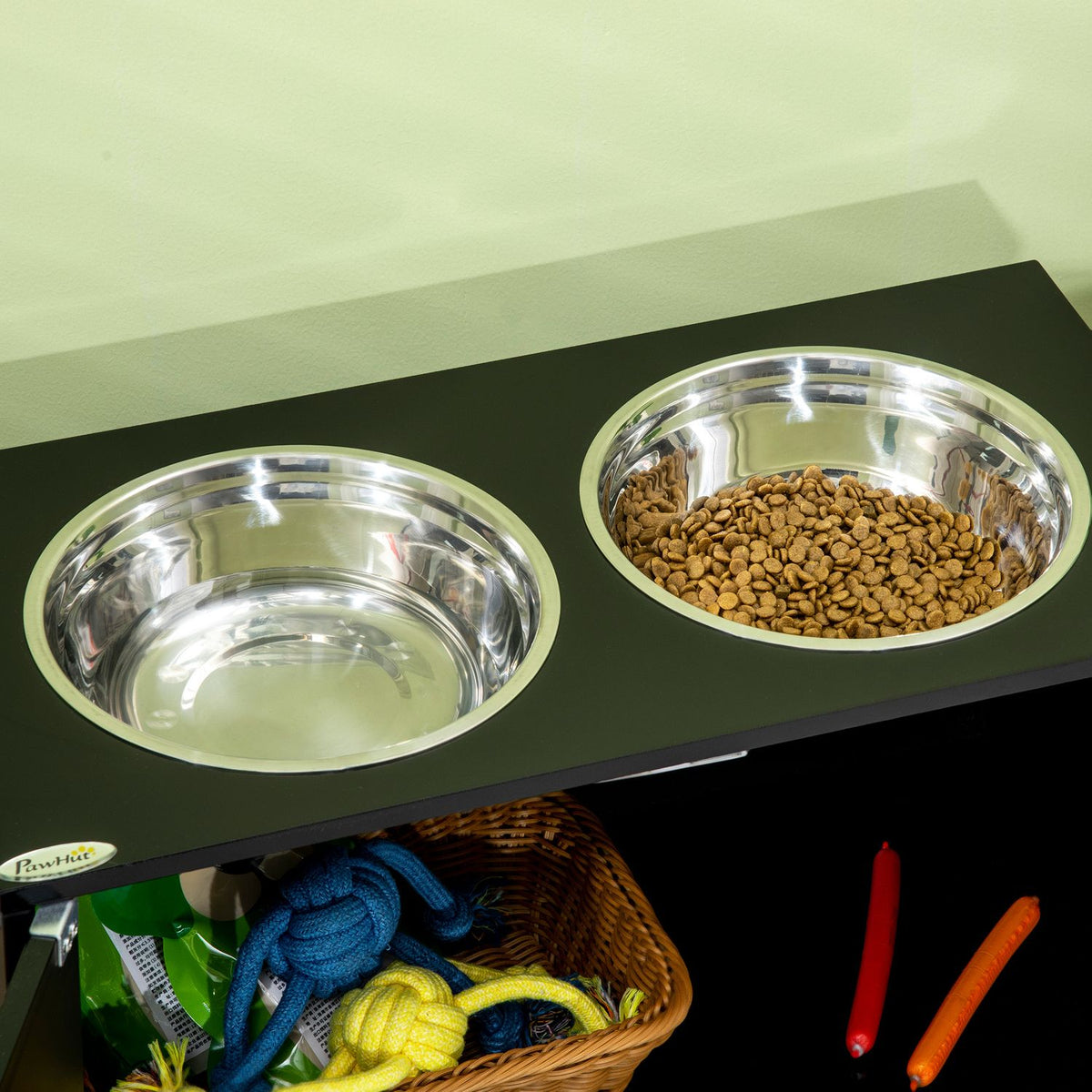 Dog Bowls, Elevated Feeding Station with 2 Stainless Steel Bowls, Dog Bowl Stand with 44L Storage Space, Magnetic Doors, Food Bowl, Water Bowl for Large Dogs, Black