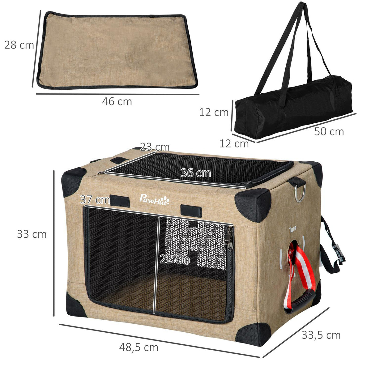 Dog Box, Dog Transport Box, Travel Box, Foldable, Dog Bag With Carrying Handle, Oxford Fabric, Khaki, 48.5X33.5X33Cm