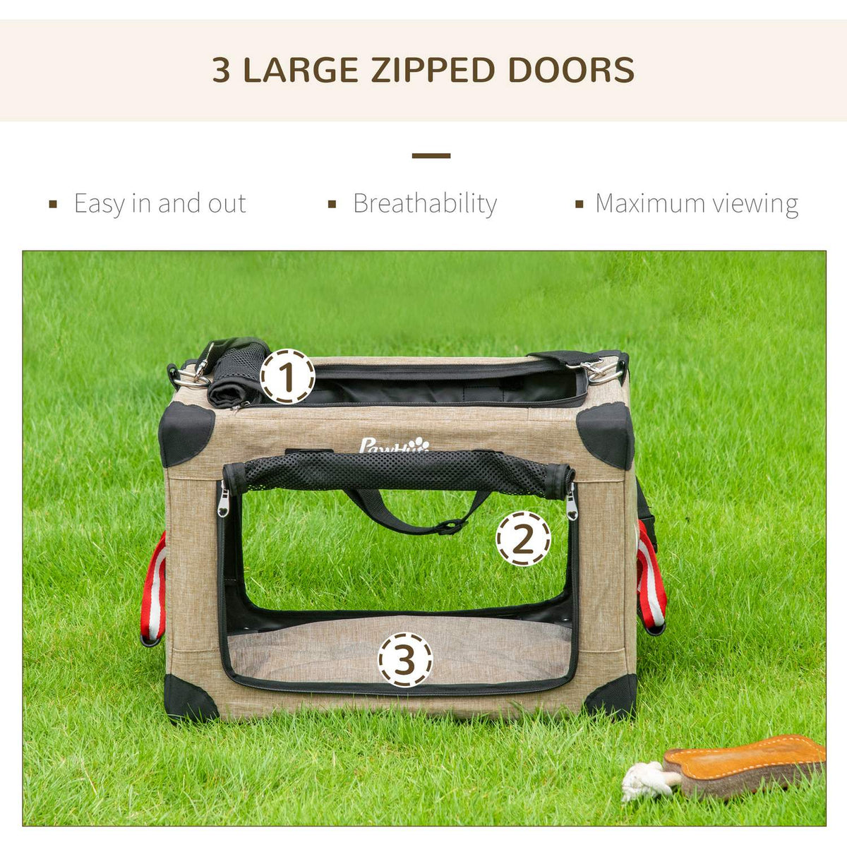 Dog Box, Dog Transport Box, Travel Box, Foldable, Dog Bag With Carrying Handle, Oxford Fabric, Khaki, 48.5X33.5X33Cm