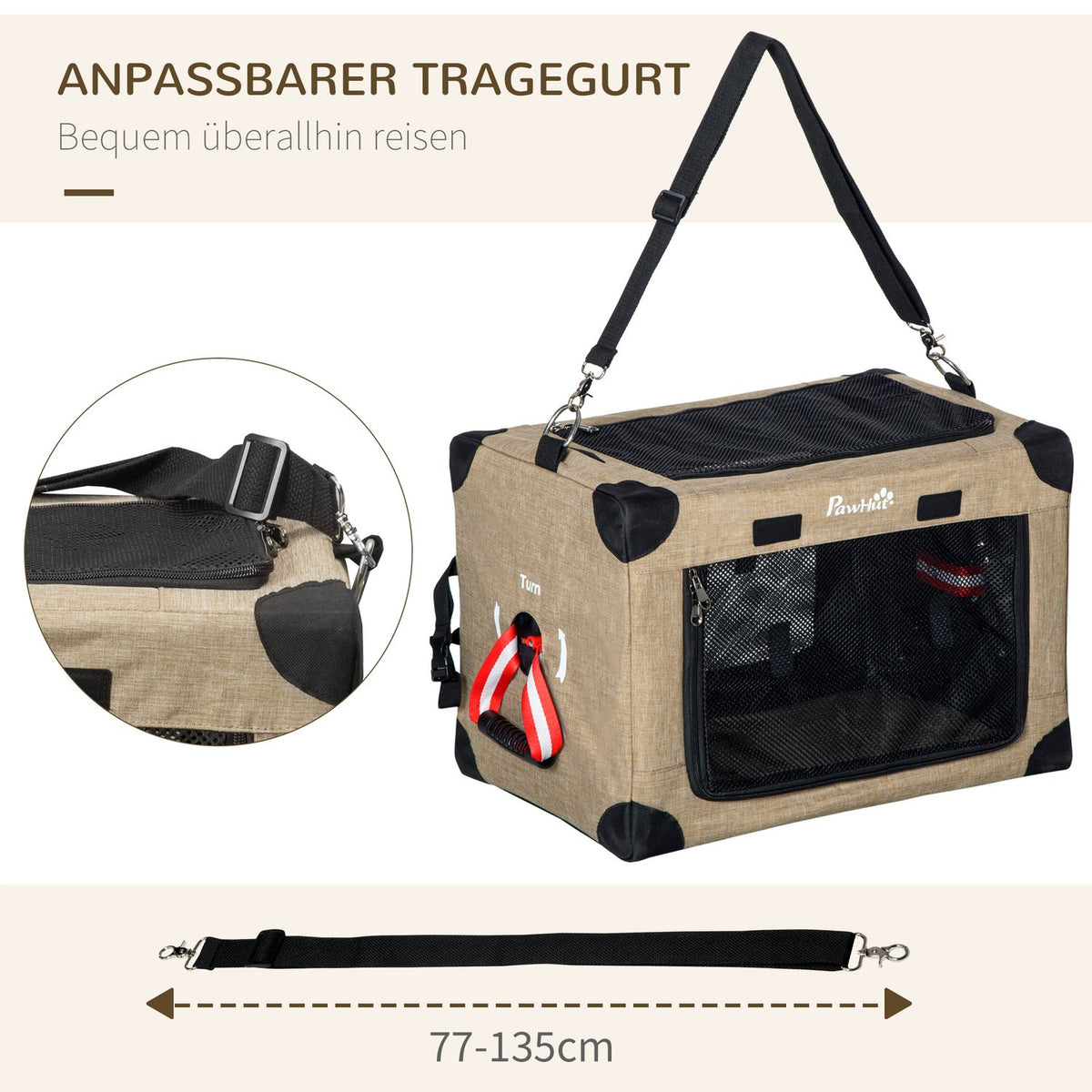 Dog Box, Dog Transport Box, Travel Box, Foldable, Dog Bag With Carrying Handle, Oxford Fabric, Khaki, 48.5X33.5X33Cm